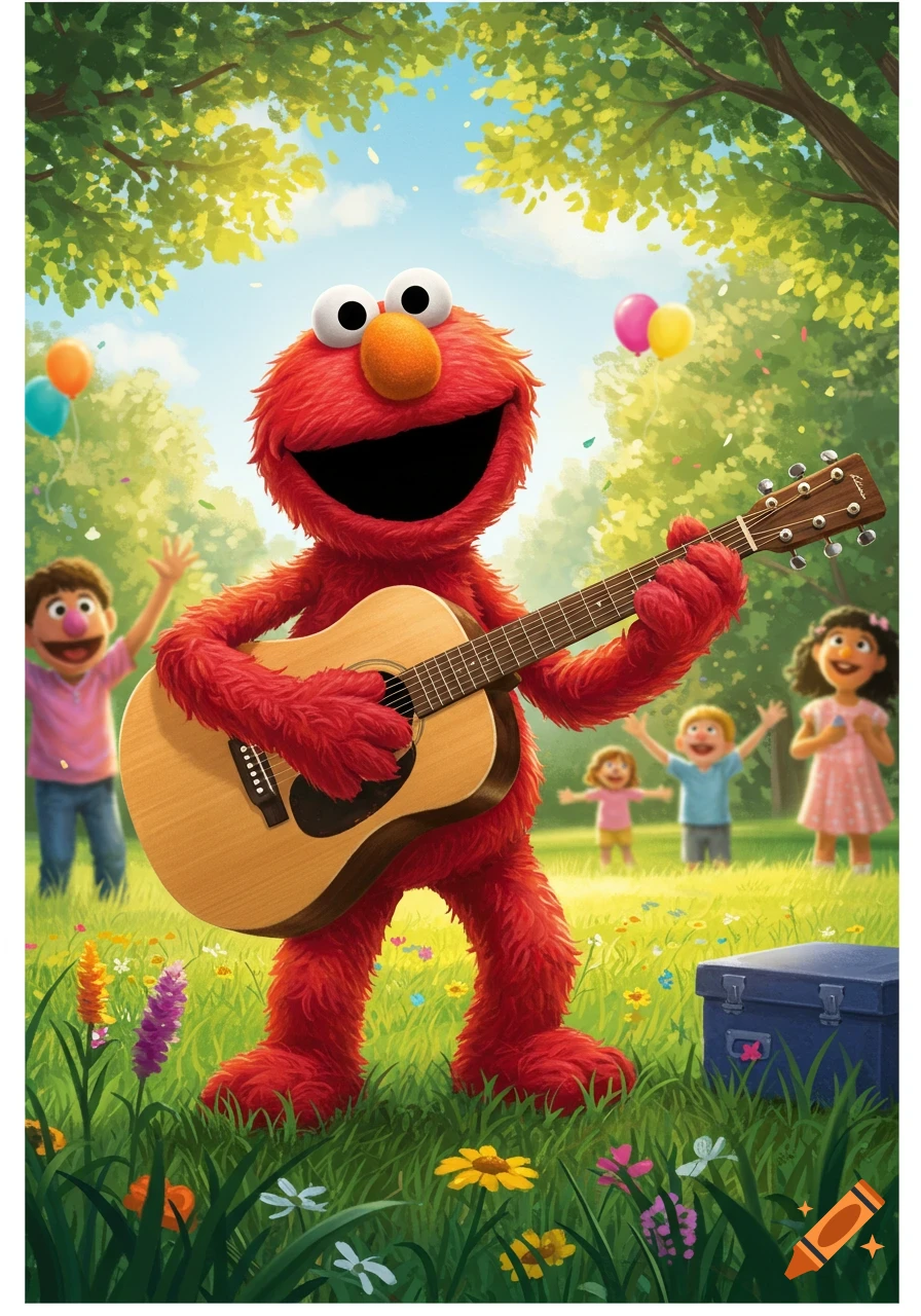 Elmo, the red furry monster, plays an acoustic guitar in a sunny park surrounded by happy children and colorful balloons.