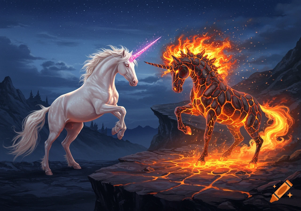 A white unicorn with a pink glittery horn confronts a fiery lava unicorn on a rocky outcrop under a starry night sky.