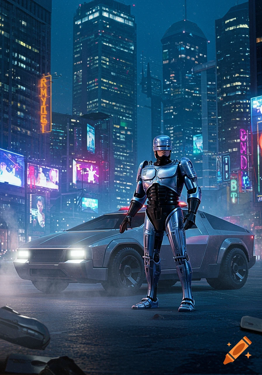 Photorealistic Robocop stands beside a futuristic car in a neon-lit cyberpunk city at night.