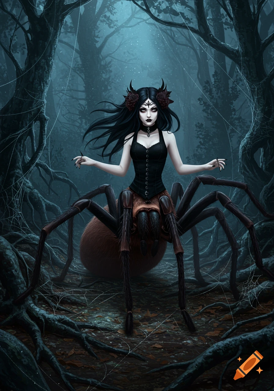 A dark fantasy illustration of a spider-centaur with a gothic woman's upper body and a spider's lower body, in a moonlit forest.