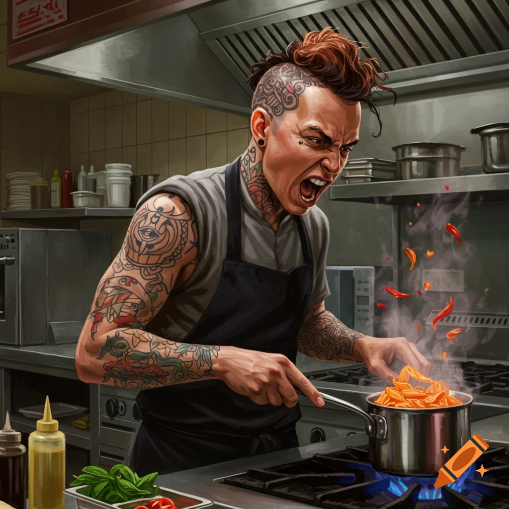 An angry, tattooed line cook with a shaved head stirring rigatoni in a pot in a professional kitchen.