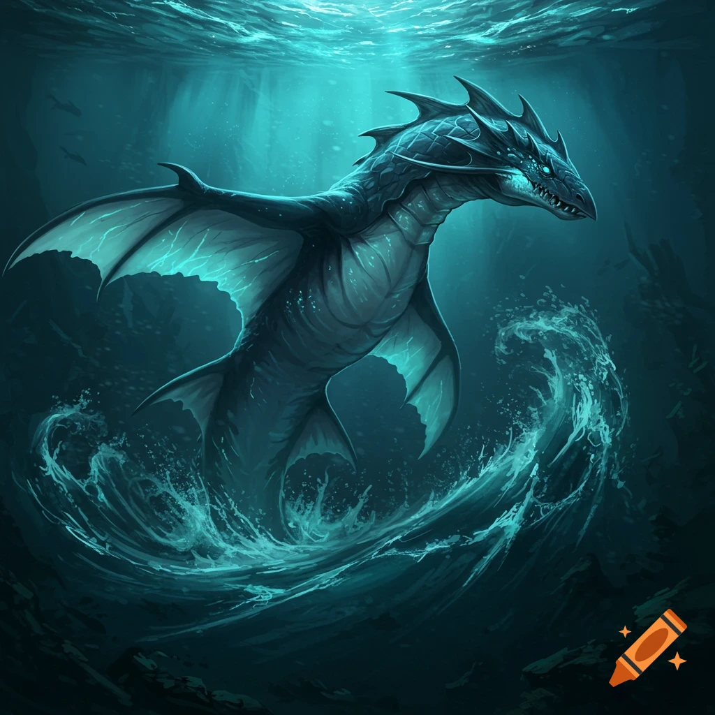 A large, blue-green aquatic monster, resembling a dragon or serpent, swims in deep blue water with light rays filtering from above, creating swirling patterns around it.