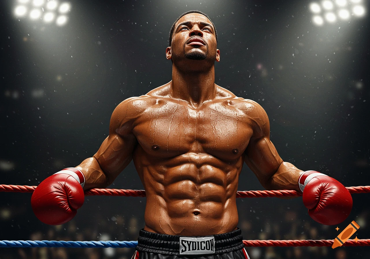 A muscular, sweaty boxer with red gloves leans on the ropes of a boxing ring, looking up at bright arena lights.