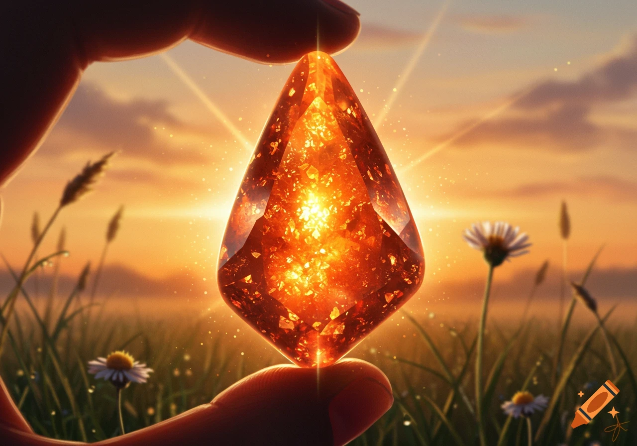 A hand holds a glowing orange sunstone against a vibrant sunset sky over a grassy field with daisies.