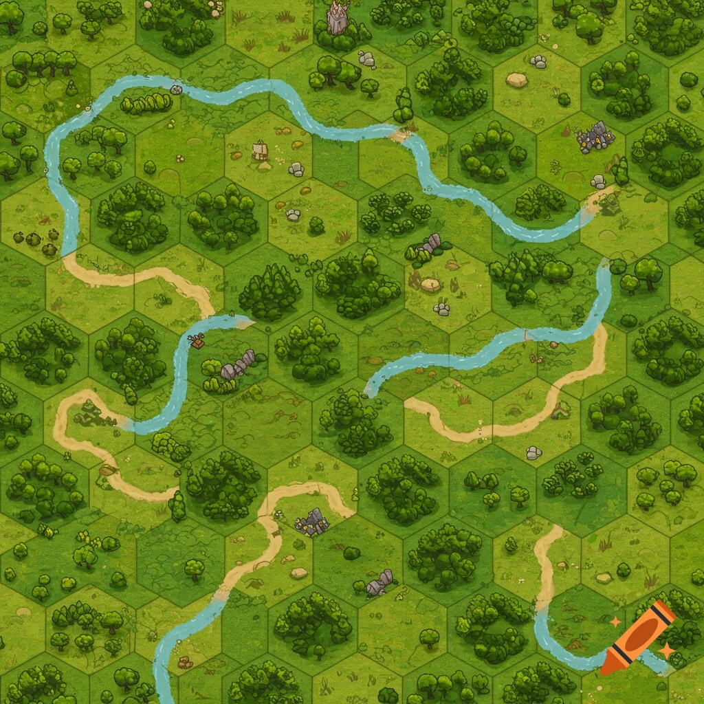 Top-down view of a green hexagonal game map with winding rivers, dirt roads, forests, and small structures.