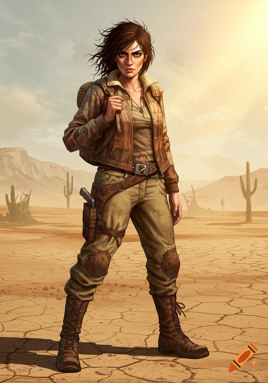 A digitally painted woman with brown hair and brown eyes, dressed as a wastelander with a pack, stands in a desert with cactuses.