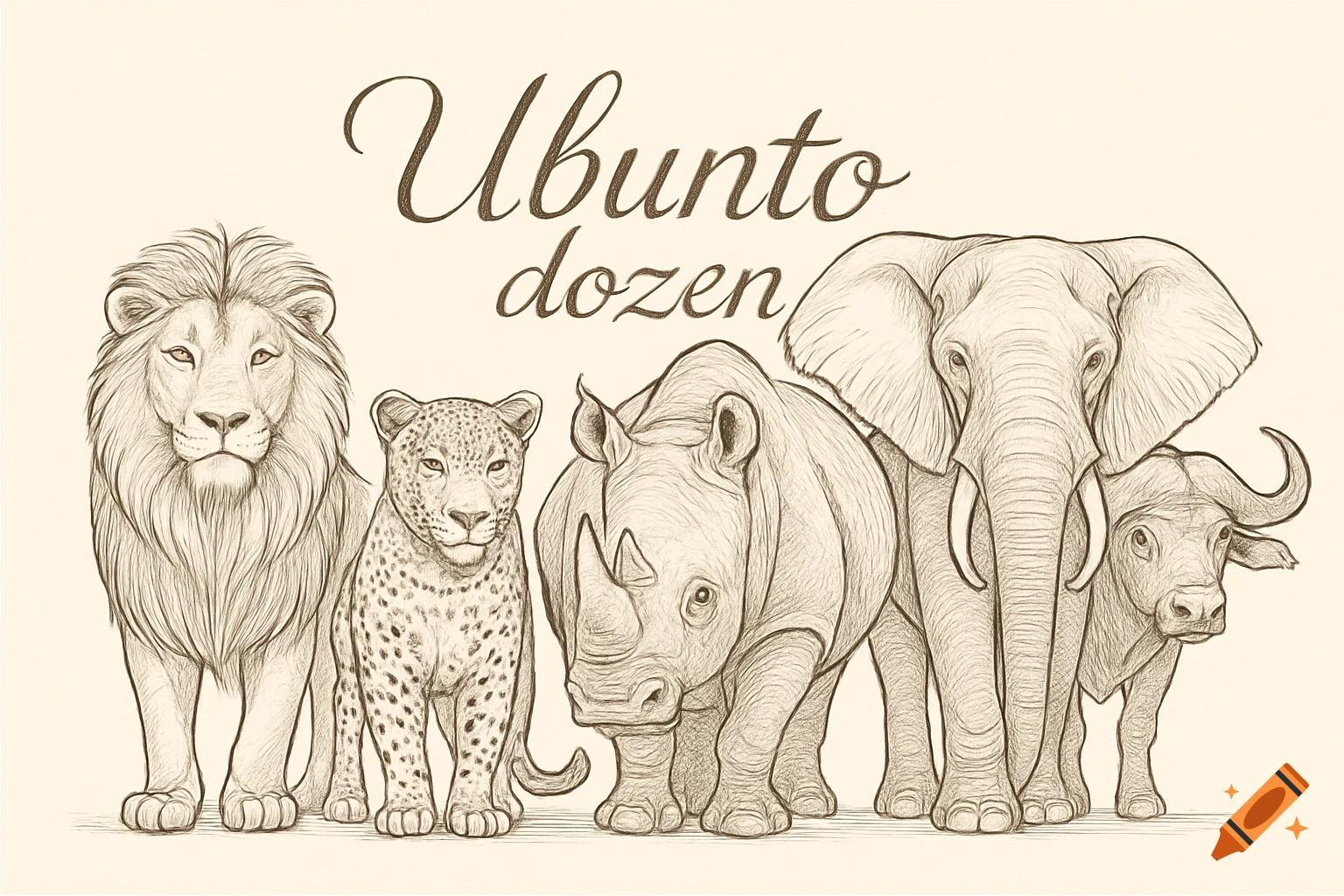A line drawing of five African animals: a lion, leopard, rhinoceros, elephant, and buffalo, with the text 'Ubuntu dozen'.