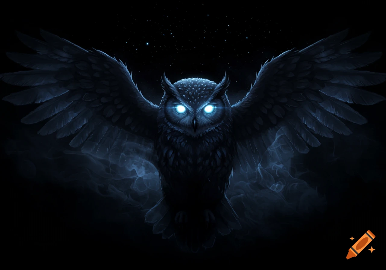 A dark fantasy owl with glowing blue eyes and outstretched wings, surrounded by faint blue smoke against a starry black sky.
