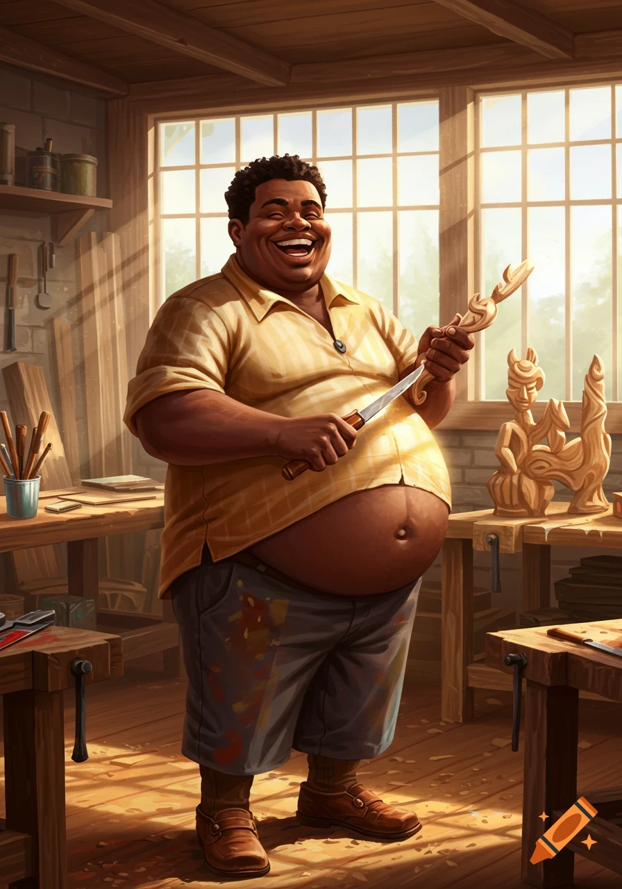 A smiling Black man in a wood workshop holds a knife and a wood carving, with other carved figures on a workbench.