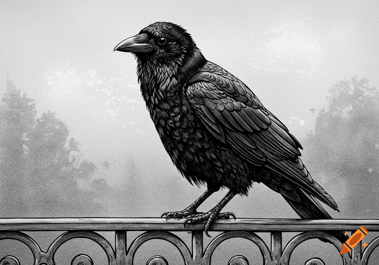 A detailed black and white drawing of a crow perched on an ornate metal railing, looking to the left.