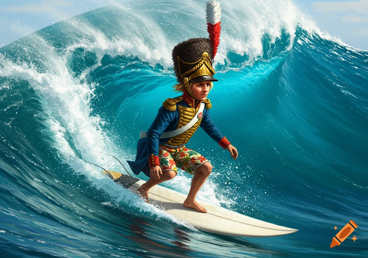 A man in a Napoleonic military tunic and shako hat, with flowered surfing shorts, rides a large ocean wave on a surfboard.