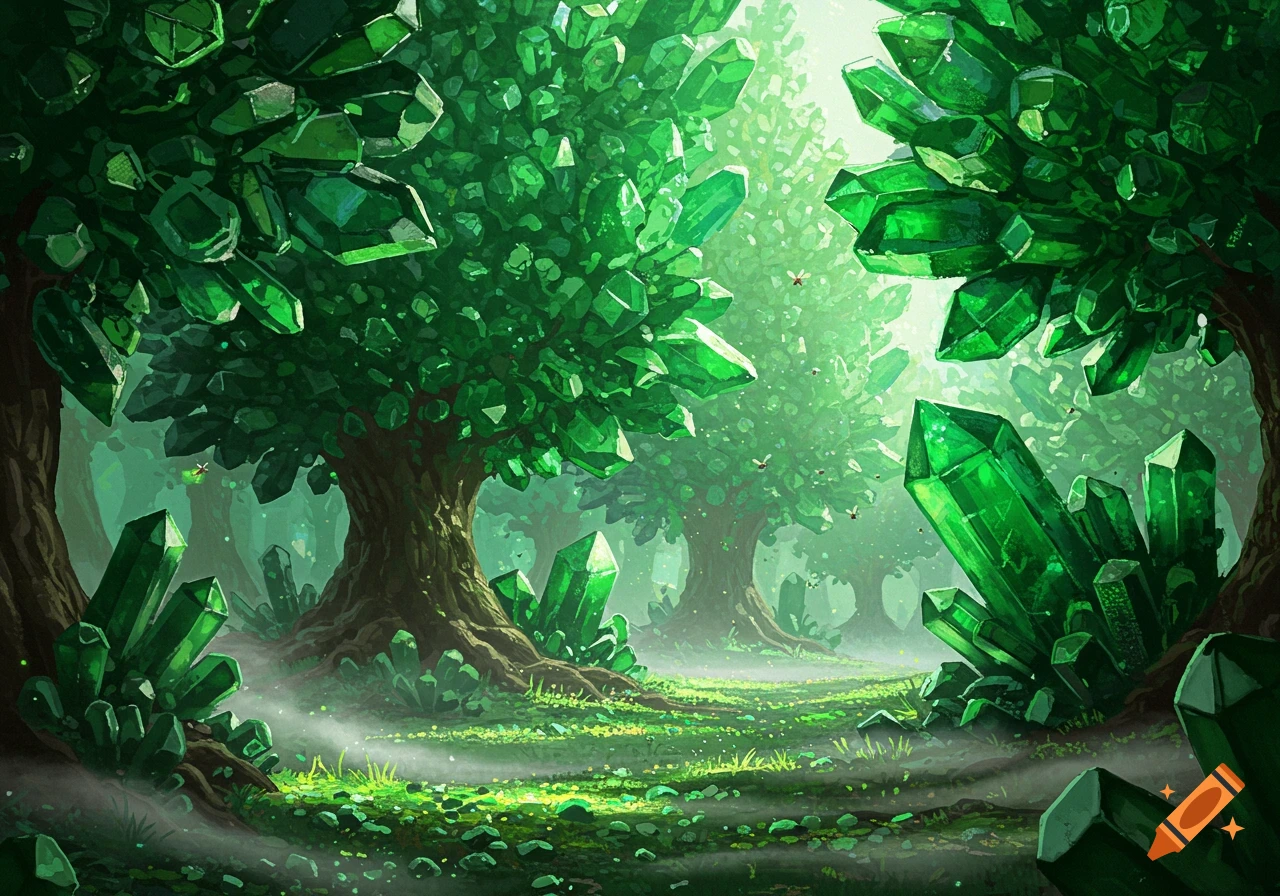 A vibrant emerald crystal forest with trees and large faceted gems glowing in the misty light.