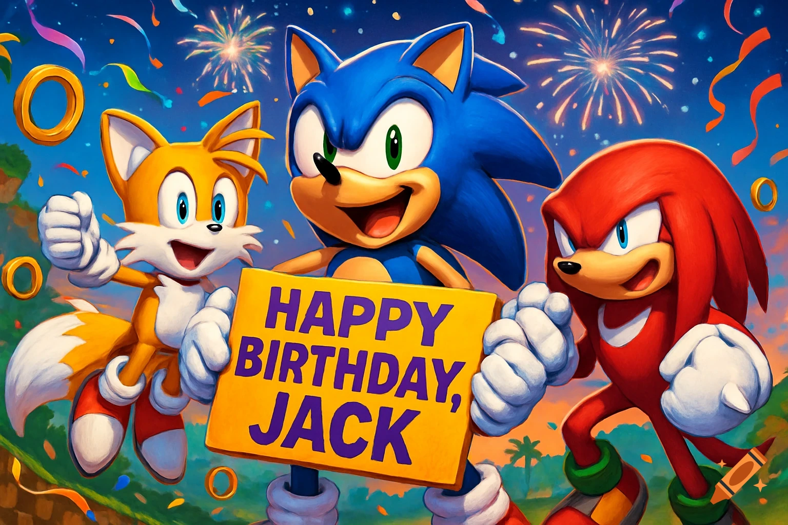 Sonic, Tails, and Knuckles hold a 'Happy Birthday, Jack' sign under fireworks and confetti.