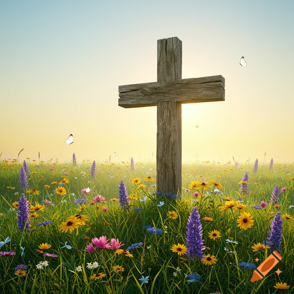 A weathered wooden cross stands tall in a vibrant field of wildflowers under a bright, warm sun with butterflies.