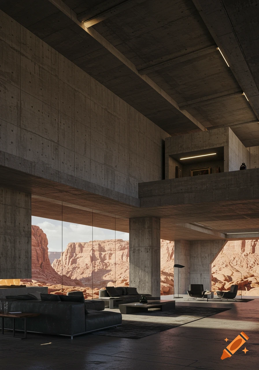 A brutalist concrete living room with large windows overlooking a vast desert canyon landscape.