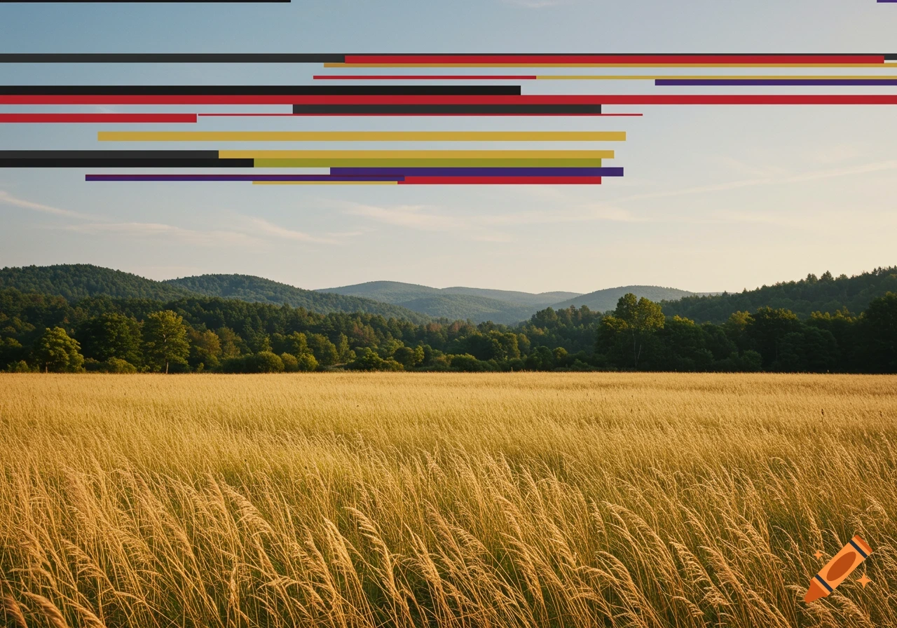A photorealistic image of a golden grass field leading to green forests and mountains under a sky of horizontal colored bars.