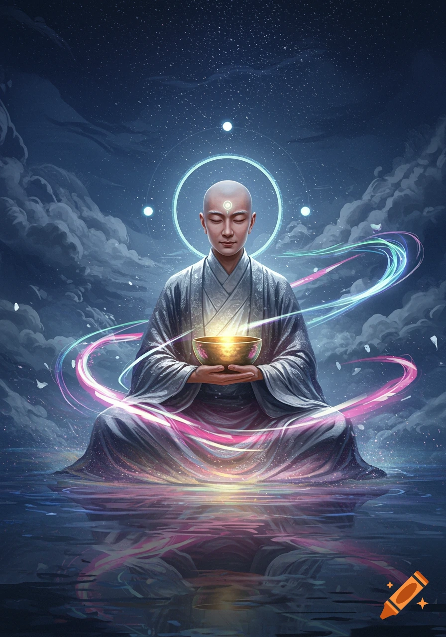 A bald person in a grey robe meditating with a glowing bowl, surrounded by colorful light streaks, reflecting on water under a starry sky.