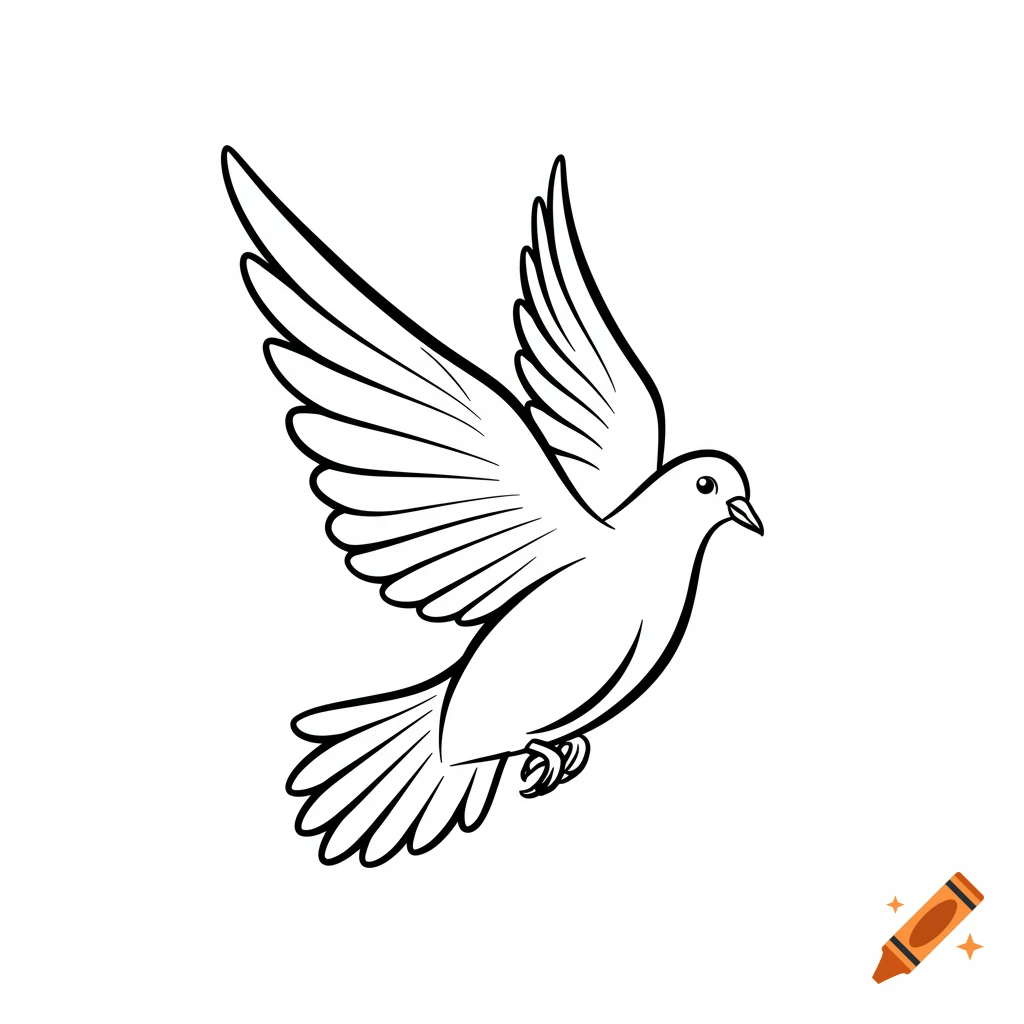 A black and white line art drawing of a dove with wings spread, in a tattoo stencil style.