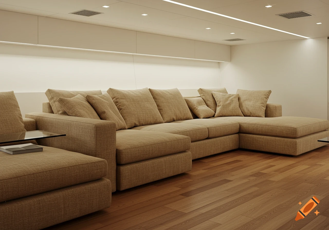 A modern, spacious living room featuring an L-shaped beige sectional sofa, wooden floor, and ceiling lights.