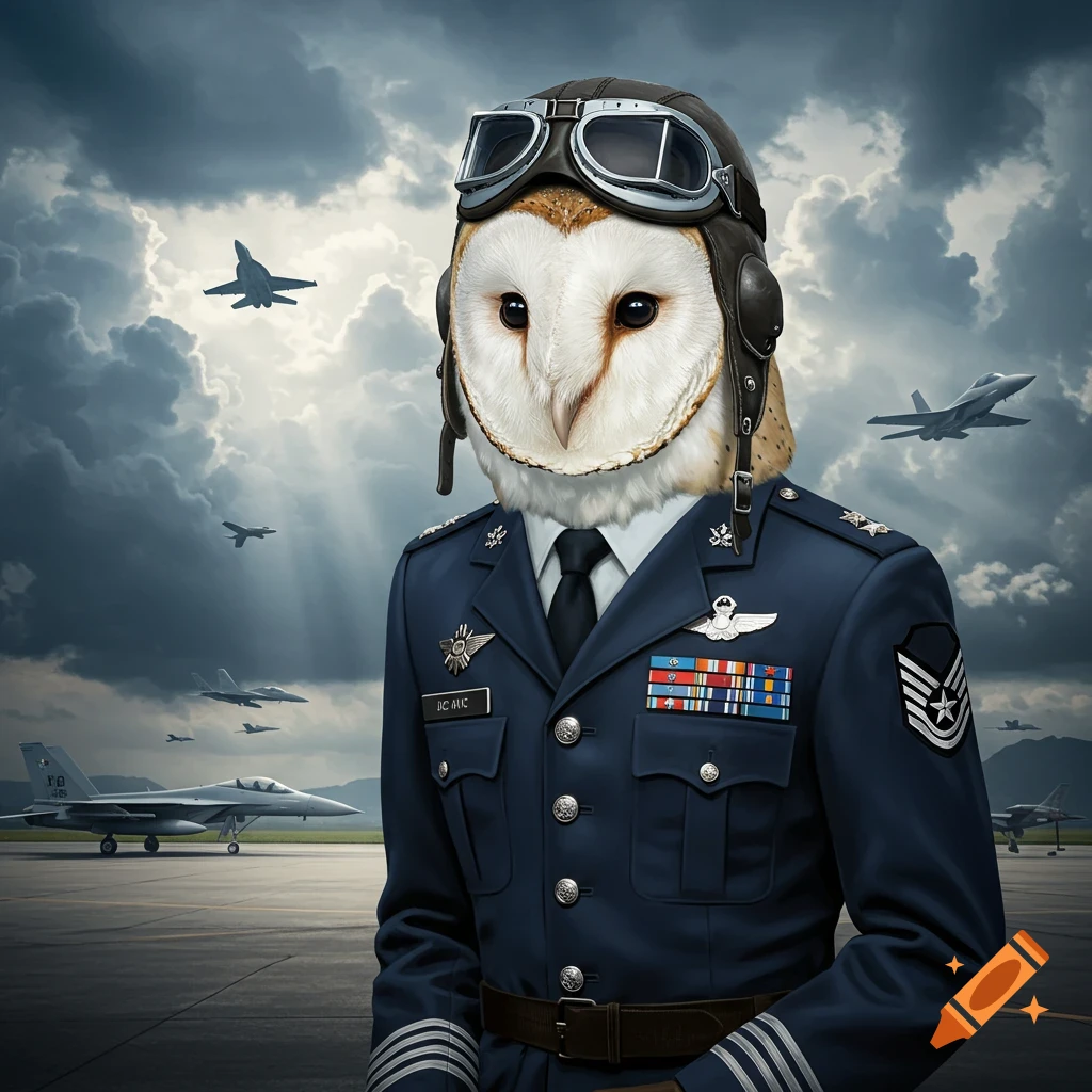 A photorealistic barn owl wearing a blue Air Force uniform with pilot goggles, standing on an airfield with jets in the cloudy sky.