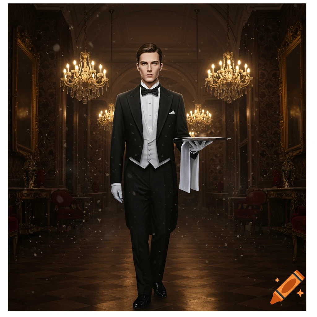 Photorealistic portrait of a young butler in a tuxedo, holding a tray, standing in a luxurious, chandelier-lit grand hall.