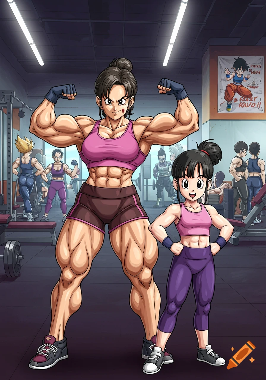 A heavily muscled woman in a pink sports bra flexes alongside a smaller girl in a gym, depicted in anime style.