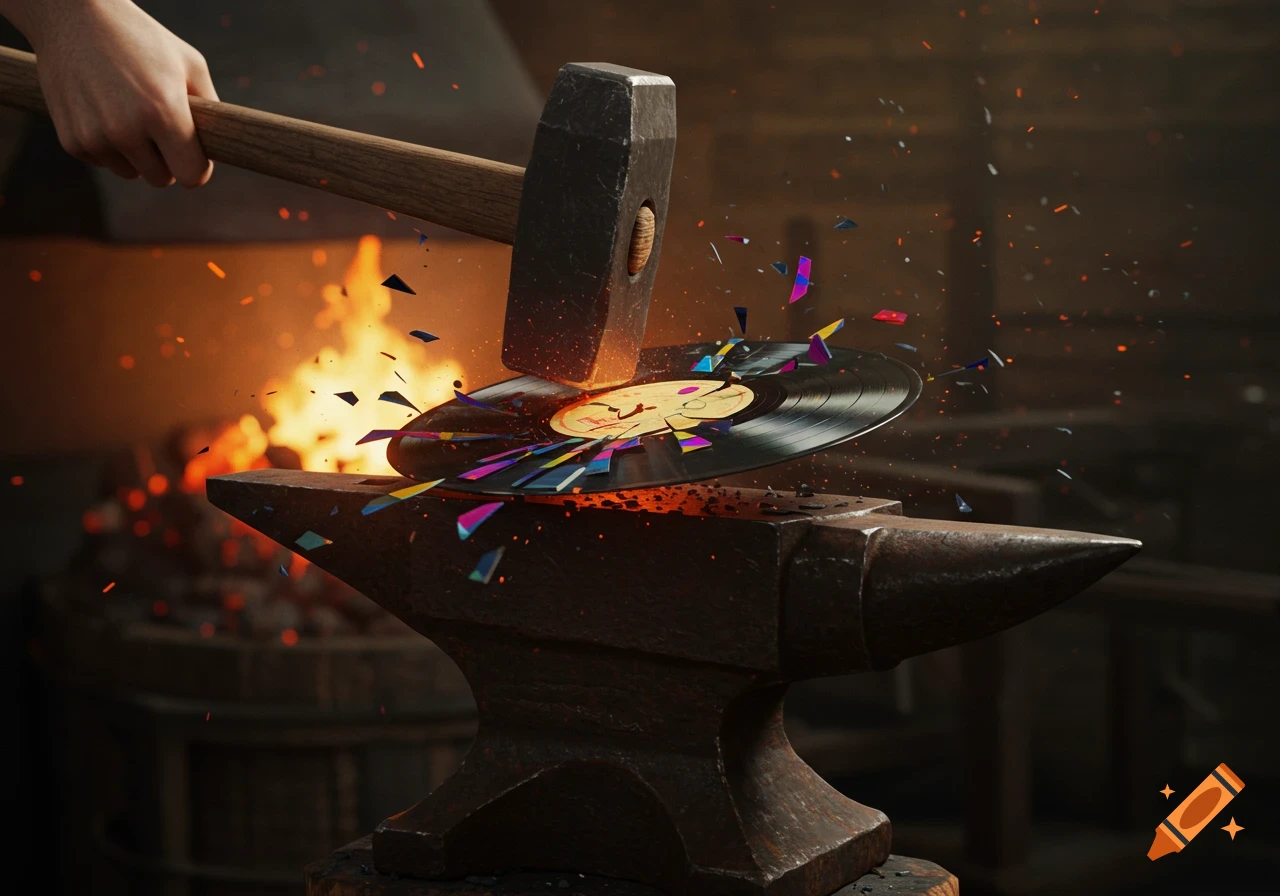 A large sledgehammer strikes a vinyl record on an anvil, shattering it into colorful pieces amidst sparks and fire.