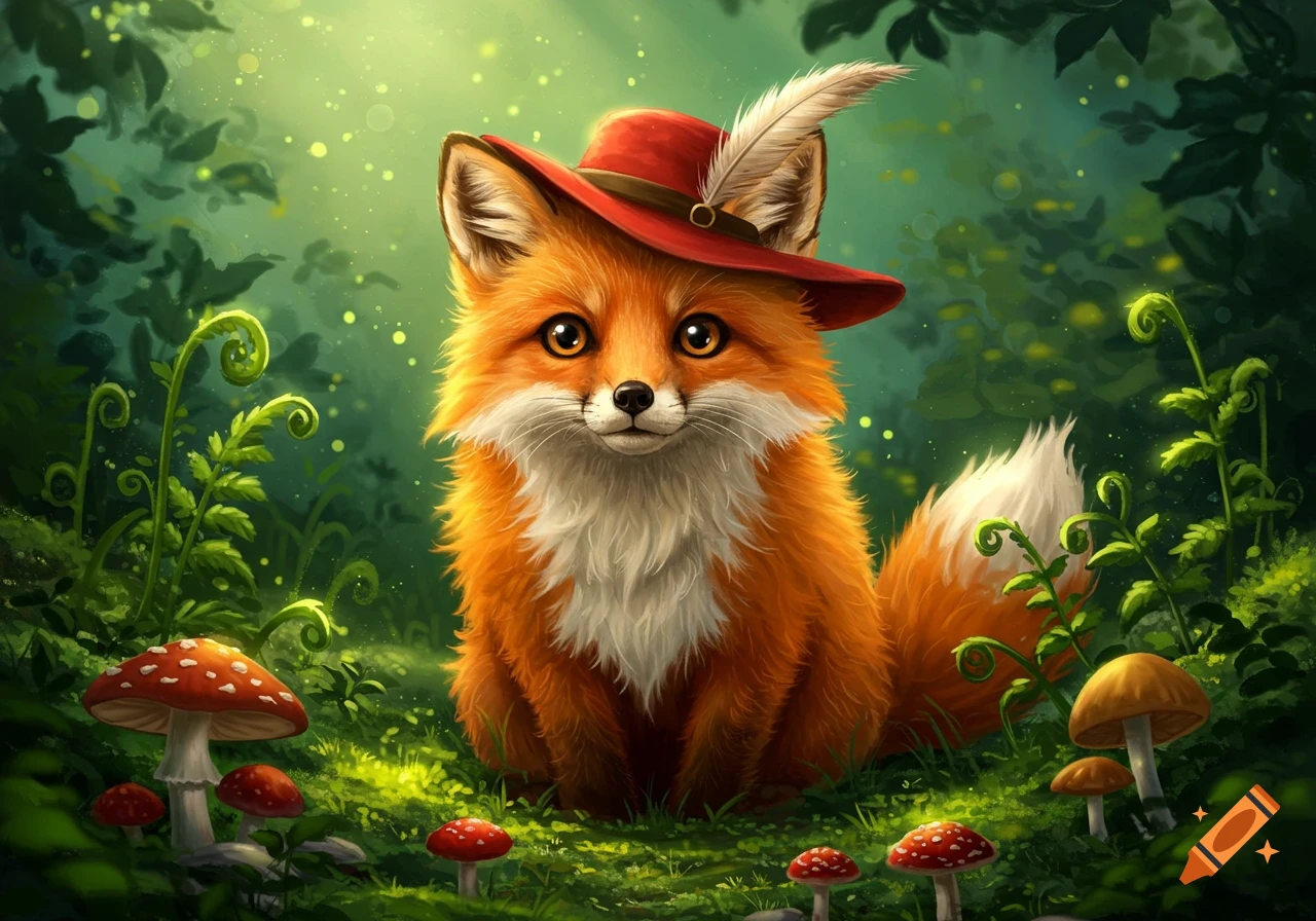 A cute fox wearing a red hat with a feather sits in a whimsical, glowing forest surrounded by red and white mushrooms.