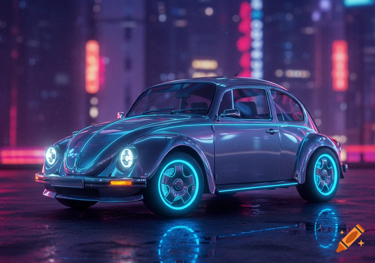 A stylized Volkswagen Beetle with glowing blue neon outlines on its body and wheels, parked on a wet street at night in a cyberpunk city setting with blurred neon lights in the background.