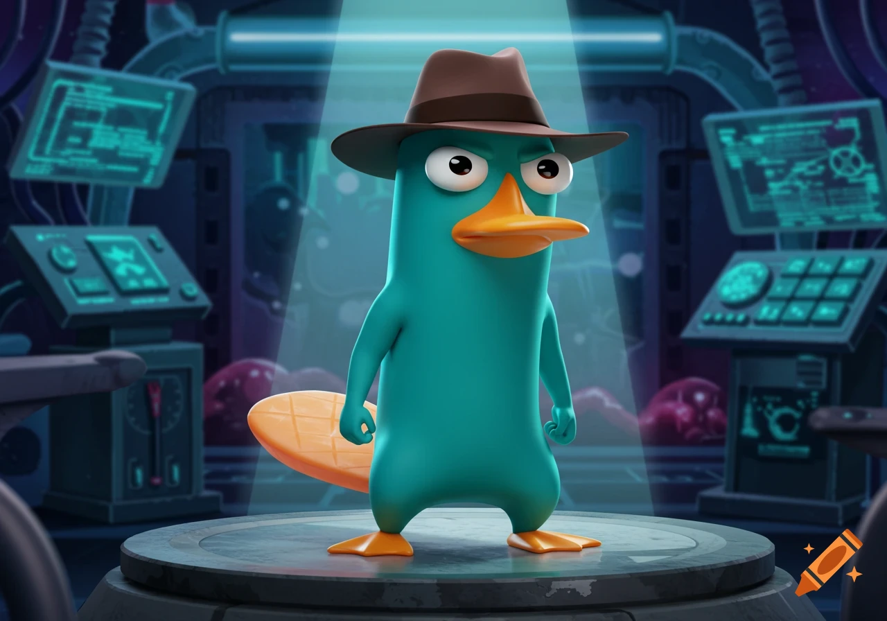 Perry the Platypus in a fedora standing on a platform in a futuristic lab with glowing screens.