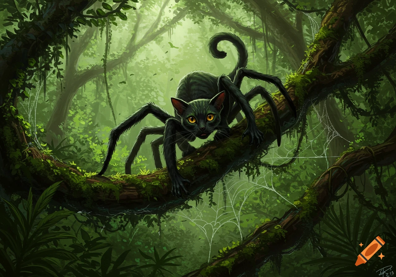 A black spider-cat with yellow eyes perched on a mossy branch in a lush, misty jungle, digital fantasy art.
