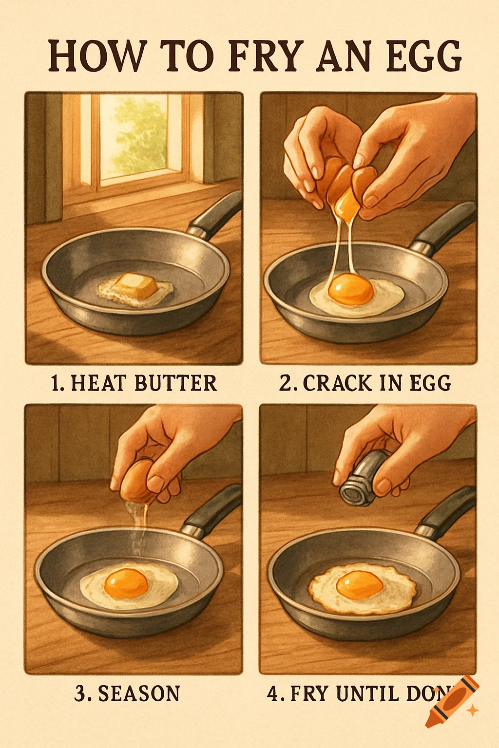 Four-panel illustration showing a step-by-step guide on how to fry an egg in a pan.