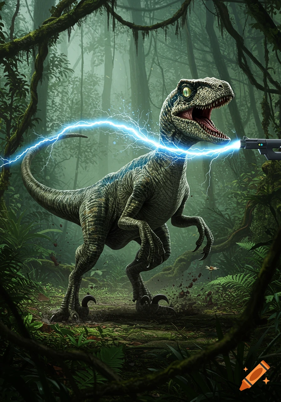 A photorealistic velociraptor with blue stripes in a dense green jungle, being shocked by a bright blue taser beam from a futuristic gun.