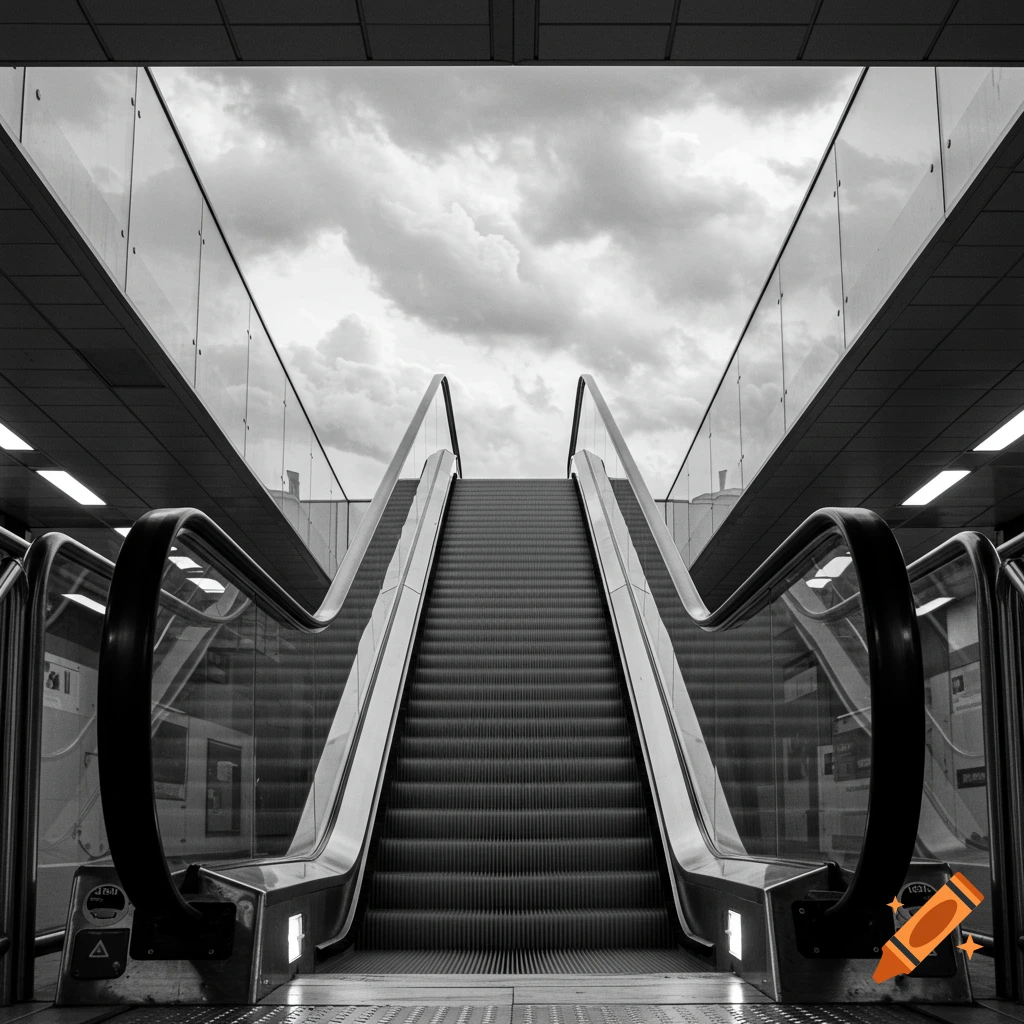 A low-angle black and white photograph of two escalators ascending towards a cloudy sky from what appears to be a train station.