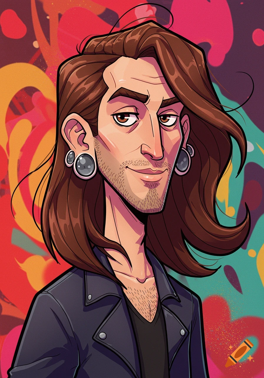 Cartoon illustration of a man with long brown hair and gauges wearing a black leather jacket, against a colorful abstract background.