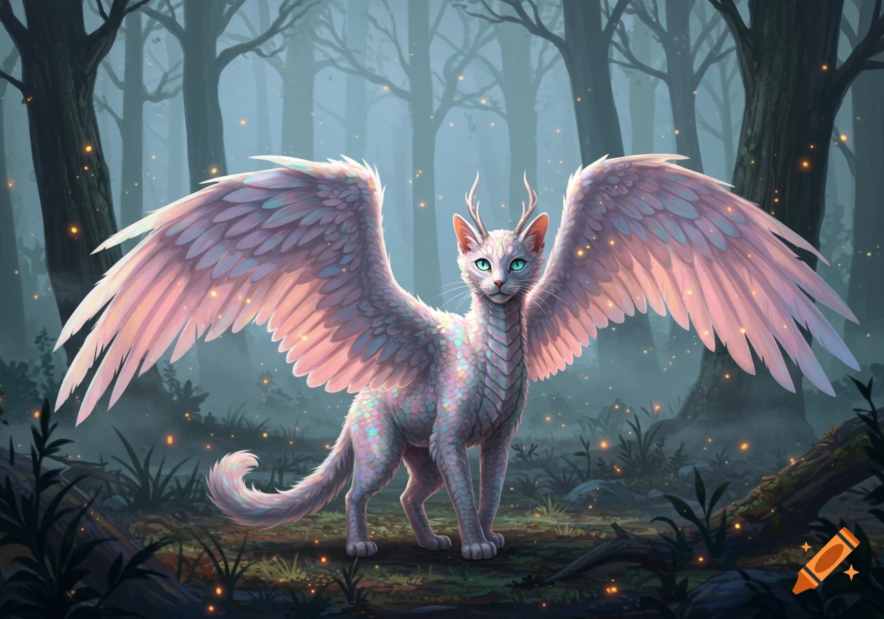 A winged, iridescent white cat with small antlers stands in a misty forest with glowing fireflies.