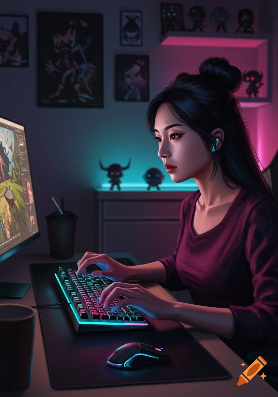 A woman with black hair in a bun plays PC games in a neon-lit room with posters.