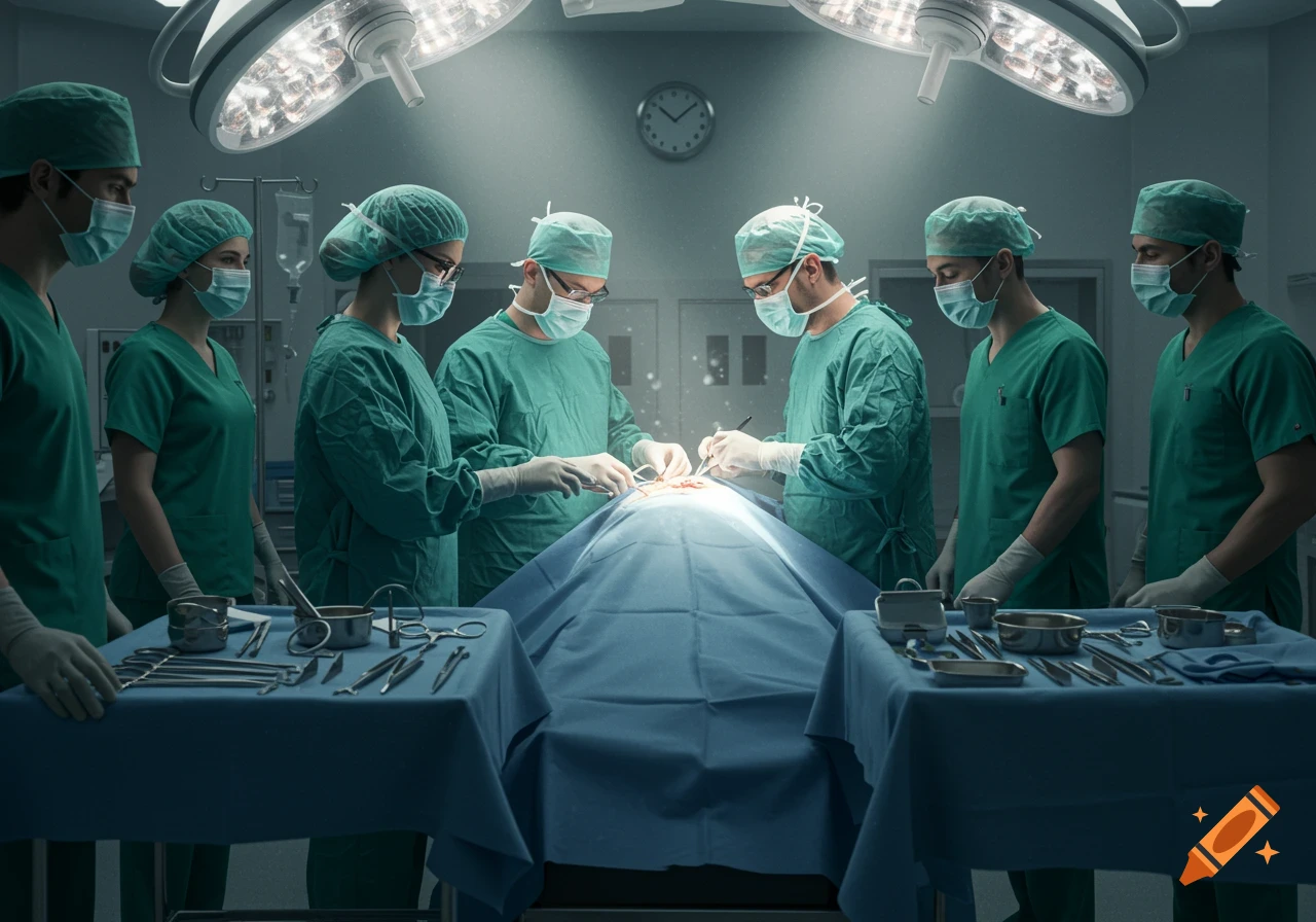 Photorealistic image of surgeons operating on a patient in a brightly lit operating room.