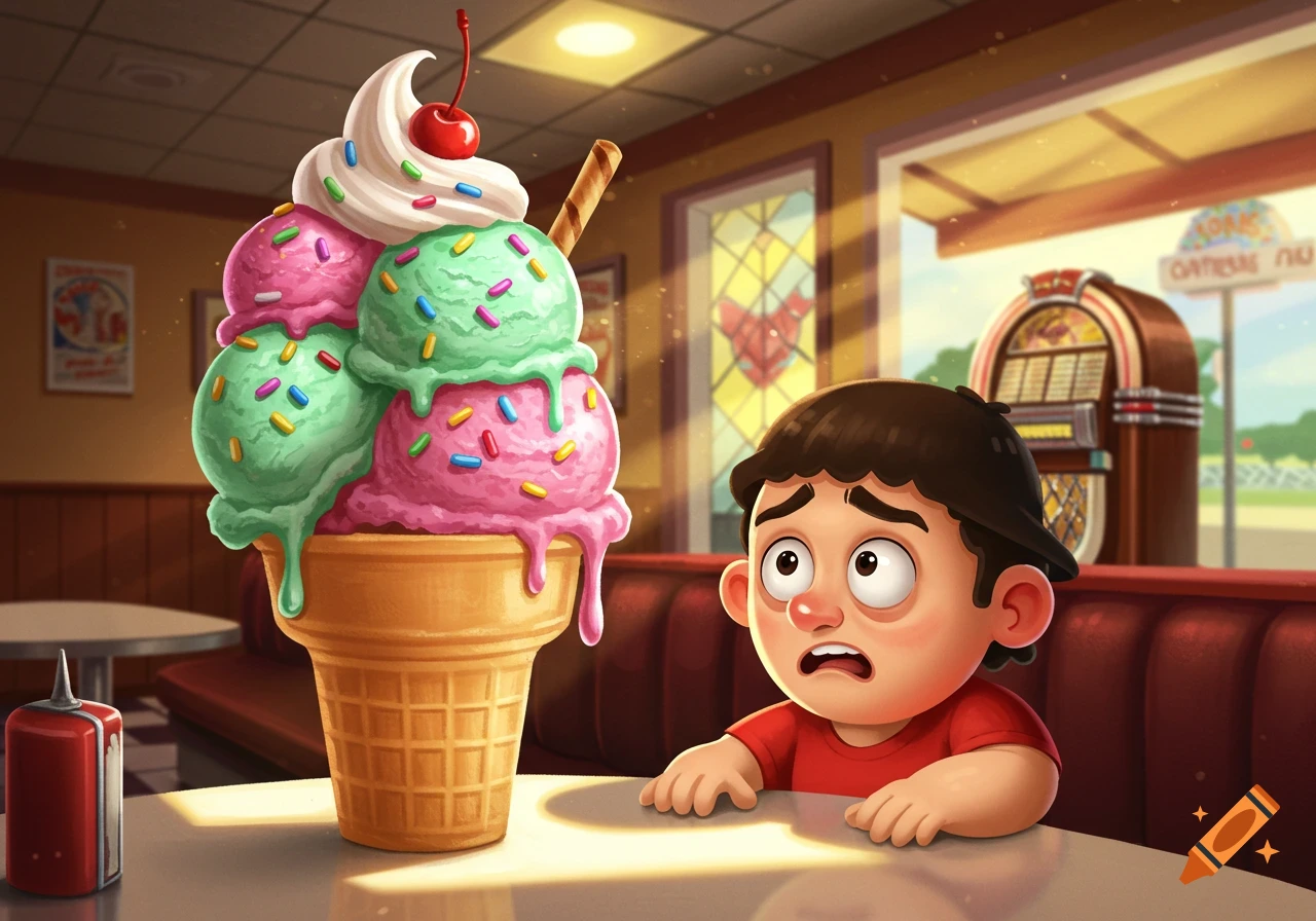 A cartoon boy looks overwhelmed by a giant ice cream cone in a retro diner setting.