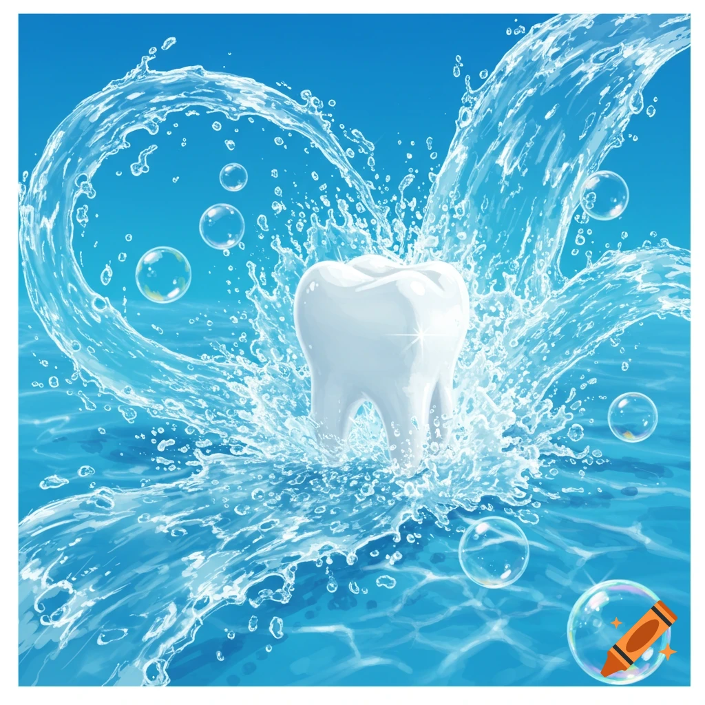 A clean white tooth surrounded by clear blue splashing water and bubbles.