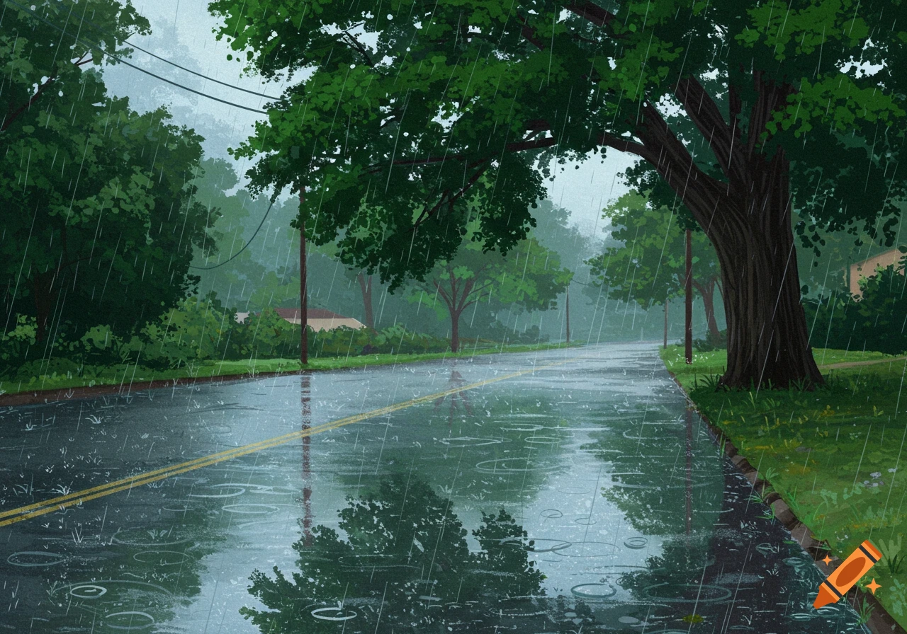 A digitally painted scene of a wet street during heavy rain, with trees lining both sides and water puddling on the asphalt.