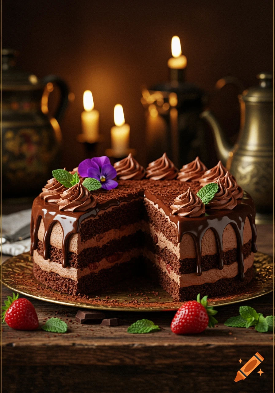 A rich chocolate cake with a slice removed, adorned with chocolate frosting, fresh strawberries, and mint, set against a dark background with flickering candlelight.