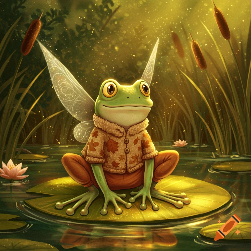 A frog with fairy wings wears a patterned shirt and pants on a lily pad in a magical pond.