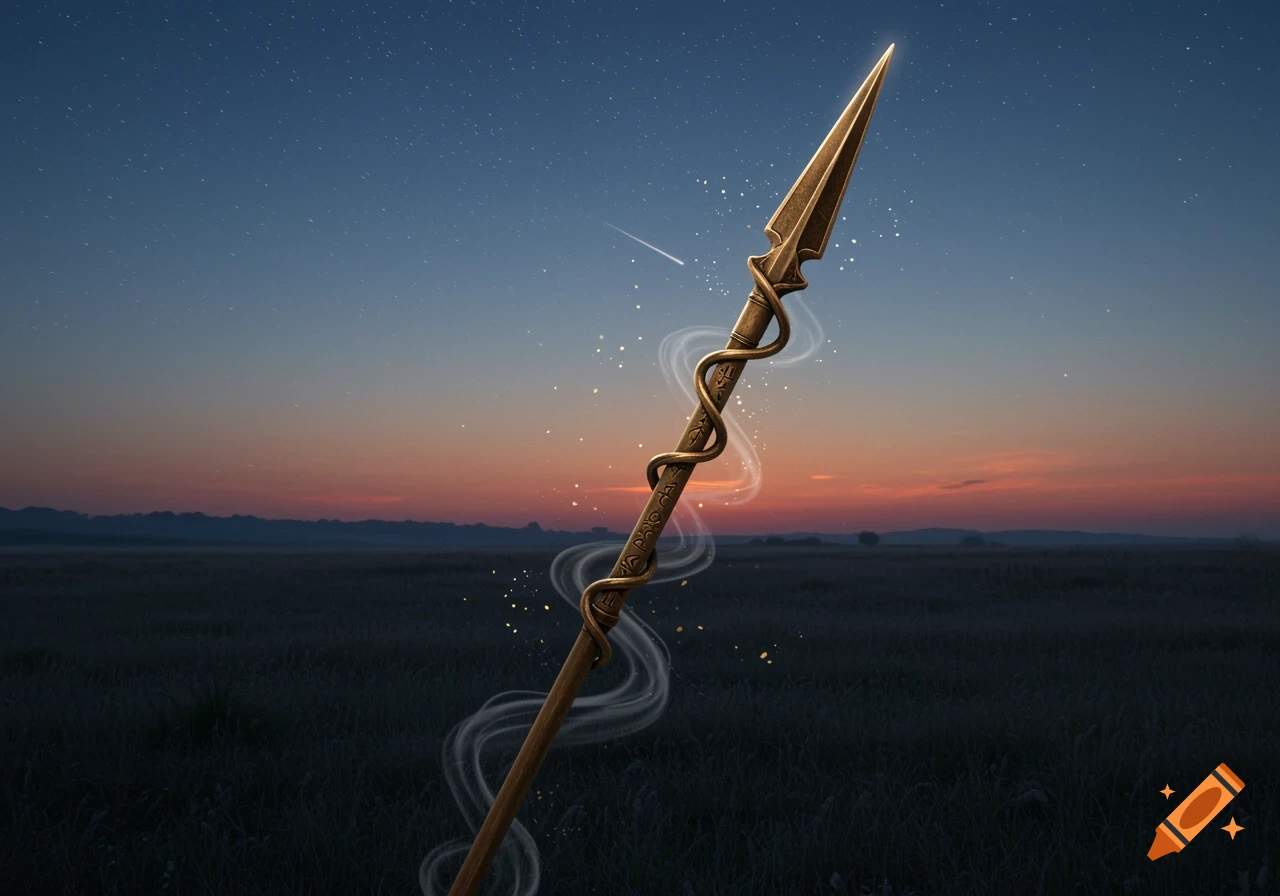 An ornate golden spear with a snake wrapped around its shaft, emitting magical wisps, stands in a dark field under a twilight sky with stars.