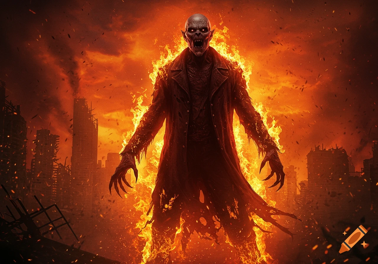 A terrifying, monstrous creature engulfed in flames stands amidst a burning, apocalyptic city in a dark fantasy style.