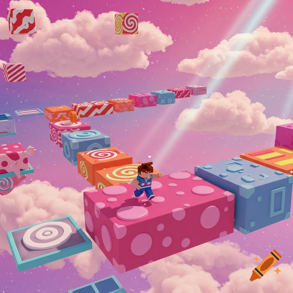 A blocky character navigates a colorful obstacle course of floating blocks in a pink sky, in a 3D game style.