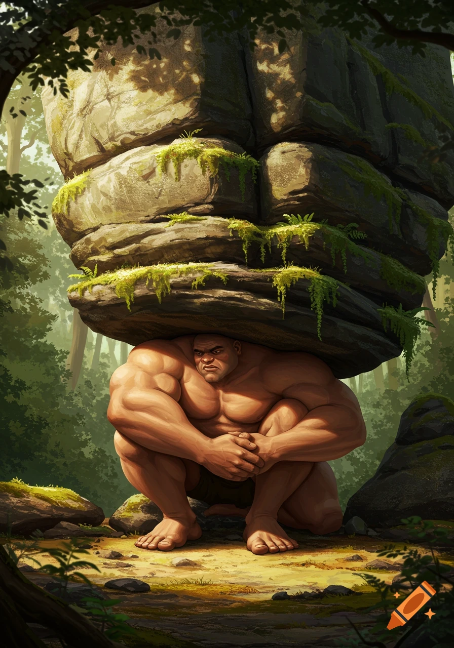 A very muscular man squats in a lush forest, burdened by a massive boulder on his back, in a stylized illustration.