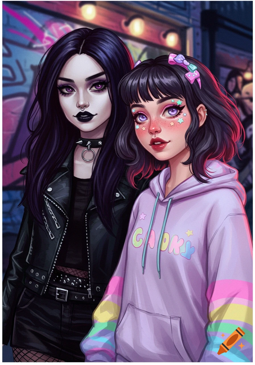 A digital illustration of two young women: a goth girl with dark hair and a leather jacket, and an egirl with a pastel rainbow hoodie and star makeup, standing in front of a graffiti-covered wall.