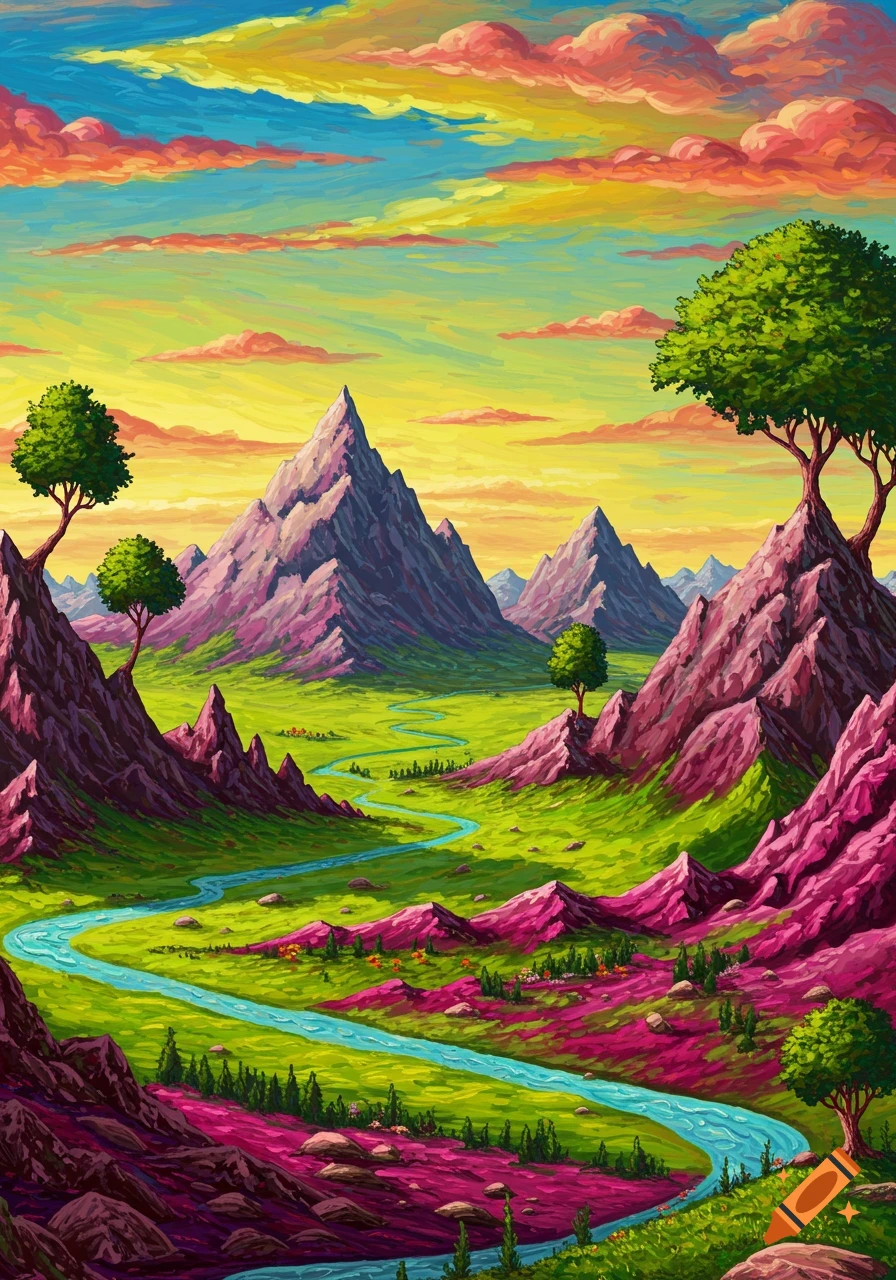 A vibrant digital painting of a winding blue river through a green valley with pink mountains under a colorful sky.