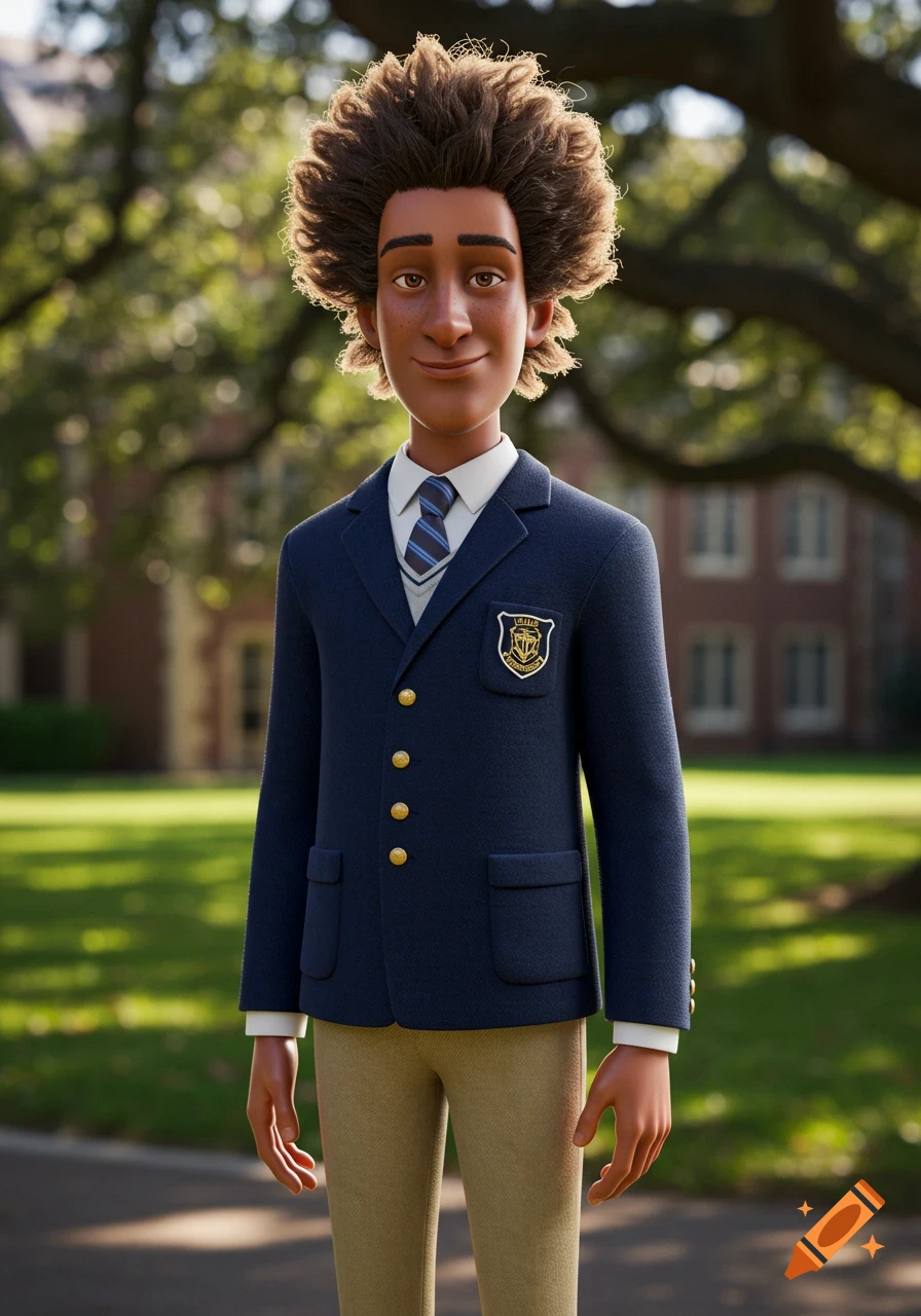 A 3D animated character of a smiling young boy with curly hair, wearing a navy blue school blazer and khaki pants.